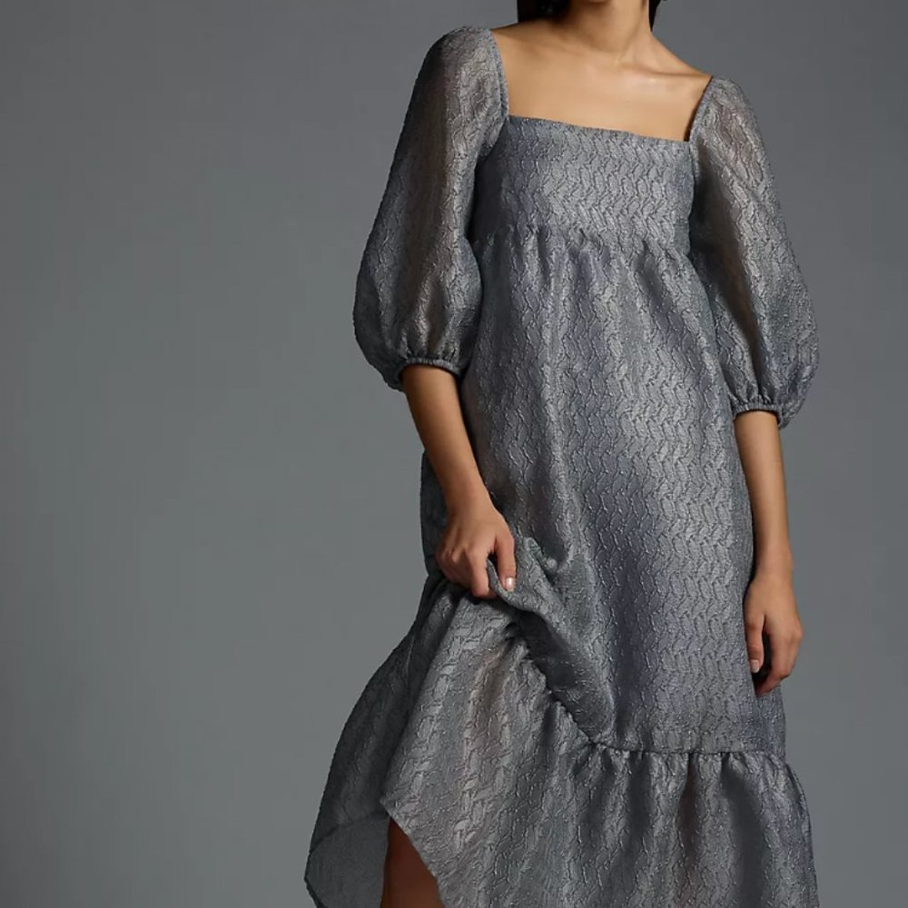 NWT By Anthropologie Textured Puff-Sleeve Dress Blue gray Size Small
